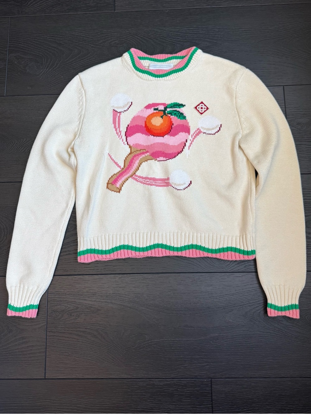 Cream Crewneck Sweater with Pink & Green Graphic Accent
